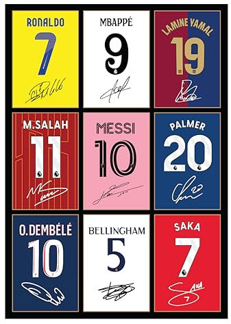 Icons Wall Art Signiertes Foto von Bellingham Messi Palmer Ronaldo Mbappe Lamine Yamal Salah Dembele Saka, A4, gedrucktes Foto, Geschenk für Fußball-Fans, digital reproduziert, Unterschrift, ungerahmt