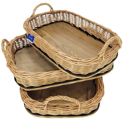Weidentablett-Set 3-teilig mit Griffen – rechteckige Serviertabletts aus Weide, Maße: 50×35×9 cm, 46×32×9 cm, 41×28×8 cm