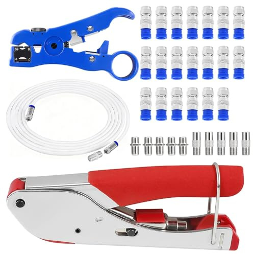 Jukibole Crimpzange Abisolierzange Set, Crimpzange Koaxialkabel Kit für SAT-Kabel, Koaxialkabel RG6/RG59, Kompressionszange Set – inkl. 20 F-Stecker, RG6 TV Kabel, Adapter & TV-Anschlusszubehör