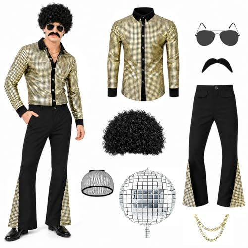 8-teiliges 70er Jahre Kostüm Herren, Disco Outfit mit Goldhemd & Schlaghose | Retro Disco Kostüm Set Herren mit Afro-Perücke, Brille & Schnurrbart für 70er-Jahre-Party, Schlagerparty, Karneval & Fasching