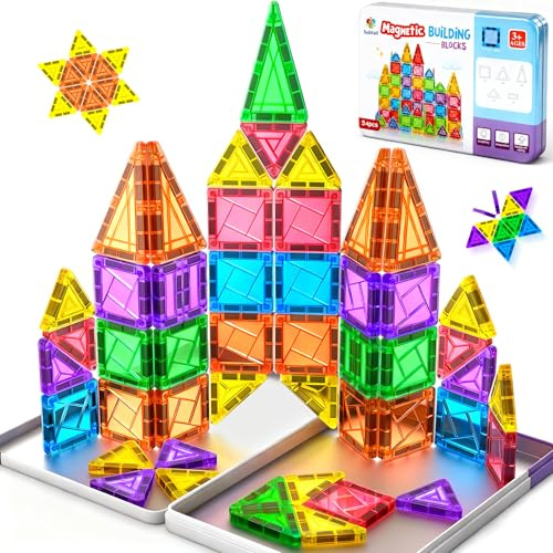 Subtail 54PCS Bloc de Construction Magnetique Jouet Cadeau Enfant 3 Ans de Voyage Jeux Blocs Magnetic Tiles Montesorri Cadeau Enfant Fille Garcon 3 4 5 6 Ans Anniversaire Noël Pâques