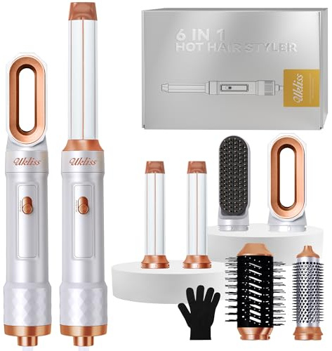UKLISS 6 in 1 Hair Styler, Cepillo Secador de Pelo & Hair Dryer Set con Secador Pelo Profesional, Rizador de Pelo, Cepillo Alisador Pelo, Modelador de Cabello, Cepillo Pelo Redondo, Airstyler - Gold