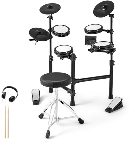 GYMAX 7Pcs Electric Drum Set, Jazz Drum Kit with Stool, 150 Sounds, Metronome, USB MIDI, Headphone, 2 Pedals and 2 Drumsticks, Foldable Rock Drums Set for Beginner