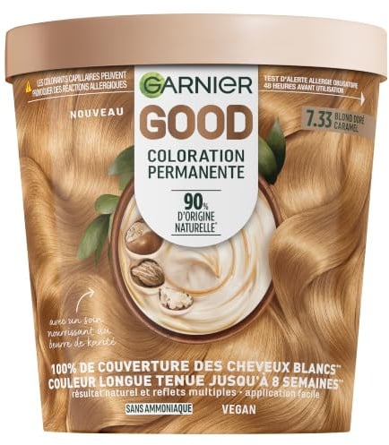 Garnier GOOD Coloration Permanente Blond Doré Caramel 7.33 Sans Ammoniaque | 90% ingrédients origine naturelle, Beurre de karité, Formule vegan, Application main texture crémeuse