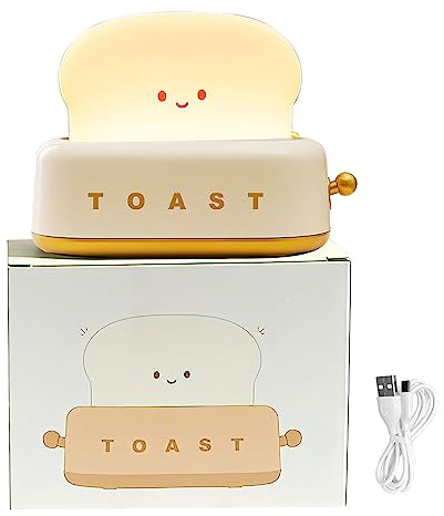 VOSSOT Toast Nachtlicht Kinder, Kawaii LED Nachtlicht mit Timer, Babyzimmer LED Nachttischlampe USB Wiederaufladbar Baby Nachtleuchte Stilllicht, Lächeln Brot Toast Nachtlampe für Teen Girl Boy (Gelb)