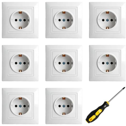 Lote de 8 tomas empotradas: 220 V ~ 250 V 16 A con protección de contacto mejorada, 1 compartimento de contacto de protección, tomas de pared de 82 mm para salón, cocina, oficina, blanco