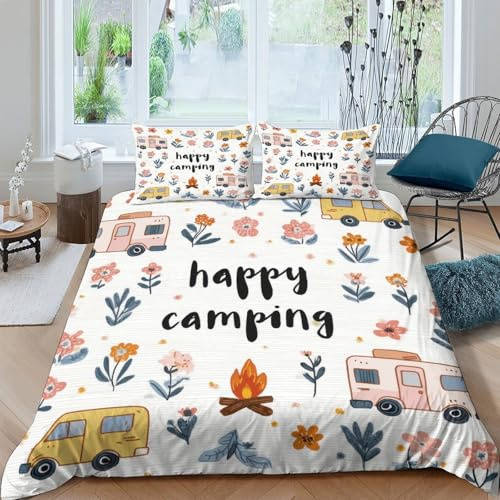 UNRXJZLVM 3D Gedruckte Camping Illustration Mikrofaser Bettbezug Camping Motiv Bettwäsche Set Hautfreundlich Schlafzimmer Dekor Single（135x200cm）
