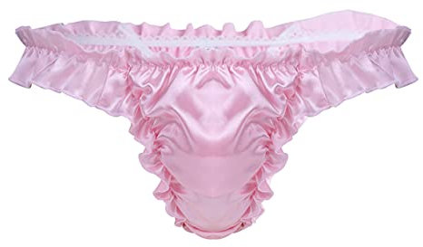 Freebily sous-vêtement Homme Erotique String Thong Poche Plissé Dentelle Satin Slip Lingerie Bikini T-Back Triangle Lace Culotte Taille Basse M L XL 2XL Rose L