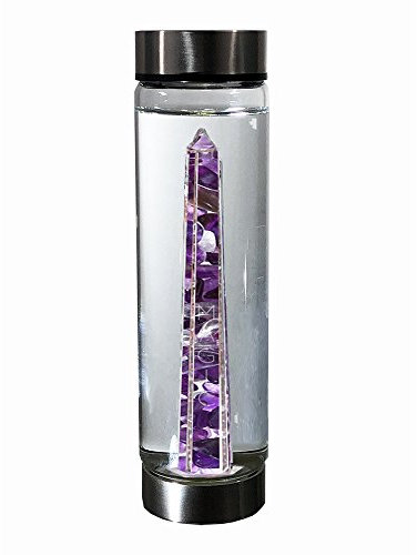 bewater Reusable gem Glass Water Bottle with a Chamber of Amethyst and Rock Crystal Gemstones at its core | Lead Free Glass | 500ml with a Wide Open Neck and Screw top lid. (bemagic Clarity)