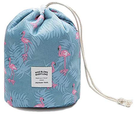 Make-up Taschen für Frauen, wasserdichte runde Reise Kordelzug Make Up Organizer Kosmetiktasche (A Flamingoblau)