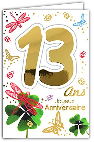 Afie 69-2113 Carte Joyeux Anniversaire 13 ans en Or Doré Brillant Ados Garçon Fille Trèfles à quatre feuilles Porte-Bonheur Coccinelles