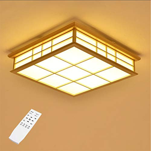 JINWELL LED Deckenleuchte Holz Lampe Square Holzlampe Eiche Deckenlampe Schlafzimmer Moderne Dimmung Leuchte Decke Licht Retro Holz Deckenleuchte Japanischer Stil Delicate Crafts 45x45x12cm 24w