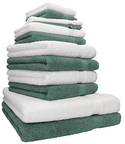 Betz 12-TLG. Handtuch Set Premium 100% Baumwolle 2 Duschtücher 4 Handtücher 2 Gästetücher 2 Seiftücher 2 Waschhandschuhe Farbe weiß/tannengrün