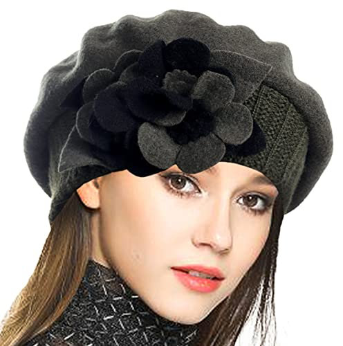 VECRY Damen 100% Wolle Französische Baskenmütze Blumen Strickmütze Schädelkappe Kleid Wintermütze (Grün,M)