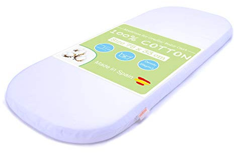 PEKITAS Matratze Oval für Kinderwagen Beistellbett Babyschale Wiege 75x33 cm Artikeldicke 5 cm Weiß Waschbarer Bezug aus 100% Baumwolle