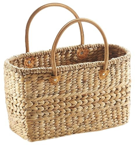 Kobolo Tasche Korbtasche geflochten aus Wasserhyazinthe - Lederhenkel - 43x18x26 cm Natur