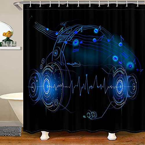 richhome Teens Headset Waterproof Shower Curtains High-tech Headphone Fashion Bath Curtain for Kids Adults Blue Music Notes Bathroom Curtain 12 Hooks Suits for Bathtublet,72 W x 72 L