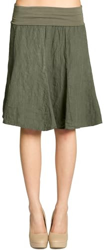 Caspar Damen Midi Sommer Leinenrock Knielang Sommerrock mit Stretch Bund - RO014, Farbe:Oliv grün, Mode Größe:XS-S