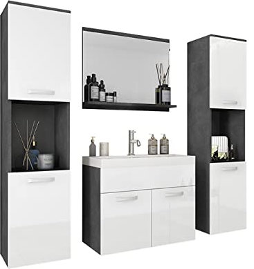 Mirjan24 Badmöbel Set Pasitea XL mit Waschbecken und Siphon, Badezimmer Komplett, im Set Spiegel, Waschtisch, 2X Hochschrank, Hängeschrank, Möbel für Bad (Matera/Weiß Hochglanz.)