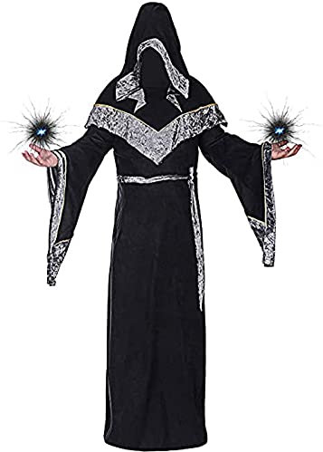 Mystische Zauberer Robe Halloween Cosplay Kostüme für Männer, Erwachsene Mittelalter Uniform Vintage Renaissance Kleidung, Herren Outfit Zauberer Mantel Umhang(Schwarz,L)