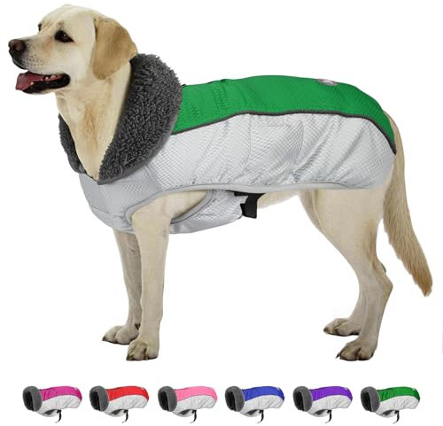 Petglad Wintermantel, wasserdichte Ripstop-Hundejacke mit Loch für die Leine, reflektierende, warme Fleece-Schneeweste für kleine bis große Hunde, Grün, Größe XL