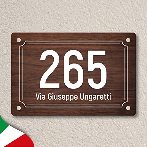 Numero civico personalizzato inciso a laser su laminato plastico, per esterno, 3 misure, vari colori e cornici. (LEGNO)