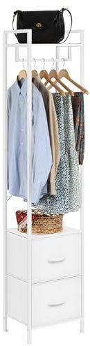 UOMIO Tringle à vêtements autoportante stable en métal étroit avec 2 étagères à chaussures, Porte Manteau, design minimaliste, gain de place, pour chambre à coucher, maison, blanc