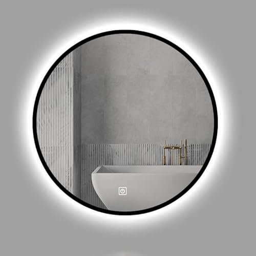 MKYOKO LED-Badezimmerspiegel, runder, an der Wand montierter Make-up-Spiegel, beleuchtete Spiegel, Sensor-Touch-Steuerung, weißes Licht, Φ: 50 cm / 60 cm / 70 cm / 80 cm (Farbe: Schwarz-W