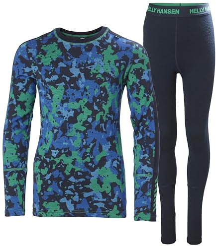 Helly Hansen Unisex Kids JR Graphic Lifa Merino Set Base Layer Bottom, 499 Bright Green Splash CAMO A, 14 Years