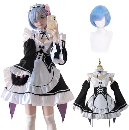 Fiamll Anime Rem Cosplay Kostüm Outfit Re Life In A Different World From Zero Maid Kleid Uniform Komplettes Set Karneval Dress Up Anzug mit Perücke für Frauen Mädchen XL