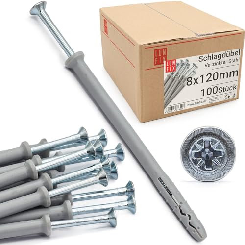 Lun Fix Schlagdübel 8,0x120mm -Nageldübel 100 Stük - Dübel Schraube - Rahmendübel - Schnellmontage Dübel - Schlagschraube - Zylinderkopf