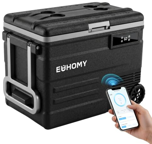 EUHOMY 12 Volt Auto-Kühlschrank, 55 l, elektrischer Kühler -17.8 °C ~ 20.0 °C, 12/24 V DC & 110-240 V Wechselstrom, mit Rädern, 12 V Kühlschrank für Camping,