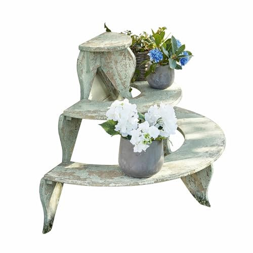 Loberon Pflanzentreppe Larivot, handgefertigt, mehrstöckig, Shabby Chic, Gartendekoration, Pflanzregal, Outdoor, Kiefernholz, Furnierschichtholz, antikgrau