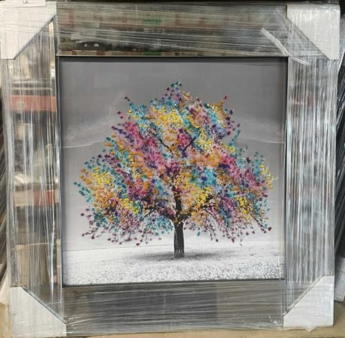 Biznest Blossom Tree Picture in Mirrored Frame Glitter 3D Wall Art Picture Glitter Liquid Art Home Decor 55x55Cm (Multi)