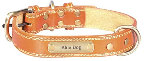 Genuine Leather Dog Collar Soft Padded Custom Dog Collar with Personalized Nameplate ID Tag& D Ring Engraved Anti Loss Pet Collar Adjustable Pet Collar with Metal Buckle for Small Medium Large Dog