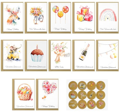 winbest Geburtstagskarte, 12 Klappkarten Geburtstagskarten set mit umschlag aus Kraftpapier und 12 aufkleber, birthday card Aquarell Geburtstagskarten für Kinder und Erwachsene