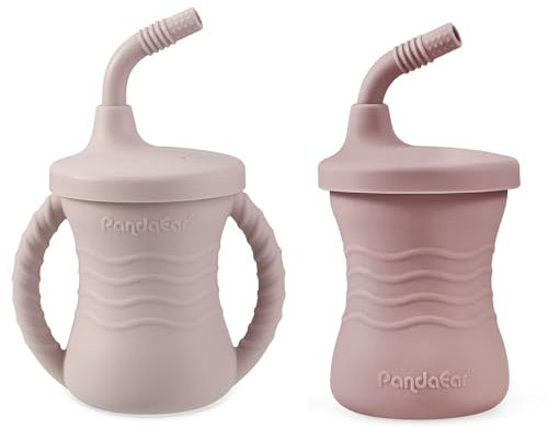 PandaEar Silikon-Baby-Trainingstasse, bruchsichere Schnabelbecher für Kleinkinder mit Strohhalm, Trinkbecher für Babys und Kleinkinder, ab 6 Monaten, 142 ml, Dunkelrosa/Hellrosa, 2 Stück
