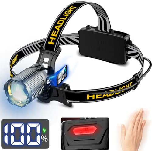 WholeFire Stirnlampe LED Wiederaufladbar 30000 Lumen, superhelle Stirnlampe mit 3 Lichtmodi & Bewegungssensor, 90° verstellbar & Display Kopf Taschenlampe für Camping, Laufen, Wandern