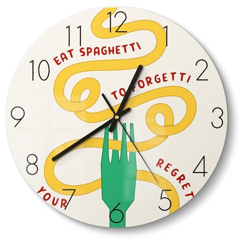 DEQORI Glasuhr | rund Ø 30 cm | Motiv Freude am Teller | ausgefallene leise Design Uhr aus Glas | Wanduhr für Wohnzimmer & Küche | moderne Hingucker Uhr für die Wand