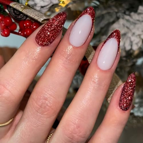 Christmas Red Glitter Press On Nails - 24PCS Long Almond French Tip - Glossy Stick On Full Cover Acrylic - Removable False Nails for Women