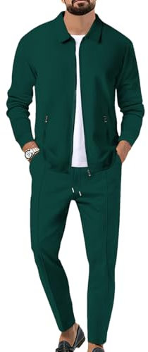 Uomo Tute da Ginnastica Waffle Manica Lunga Cerniera Giacca & Pantaloni Set di 2 Pezzi Verde per Casual Sport Lavoro, XL