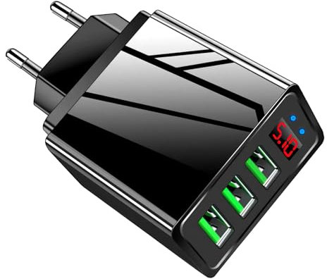 USB Ladegerät Mehrfach mit LED Display, 5V/2.4A Adapter mit 3 Port USB A Netzteil, Universelles Stecker, 15W Schnellladegerät Netzstecker für iPhone, iPad, Samsung Galaxy, Xiaomi, Huawei
