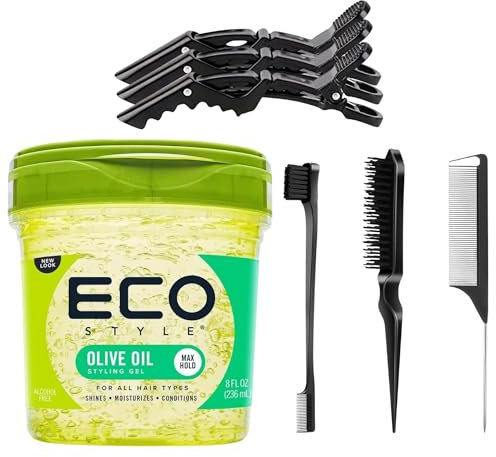 Styling Gel Bundle - Eco Style Olive Oil Styling Gel 236ml, 3 Krokodil-Haarspangen, 3-teiliges professionelles Haarbürsten-Set