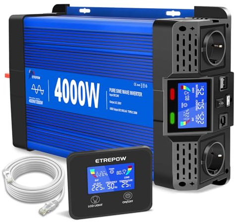 ETREPOW Convertitore di tensione sinusoidale puro da 4000 W/8000 W 24 V 230 V inverter di corrente con 2 prese EU e 1 porta USB, telecomando wireless, schermo LCD