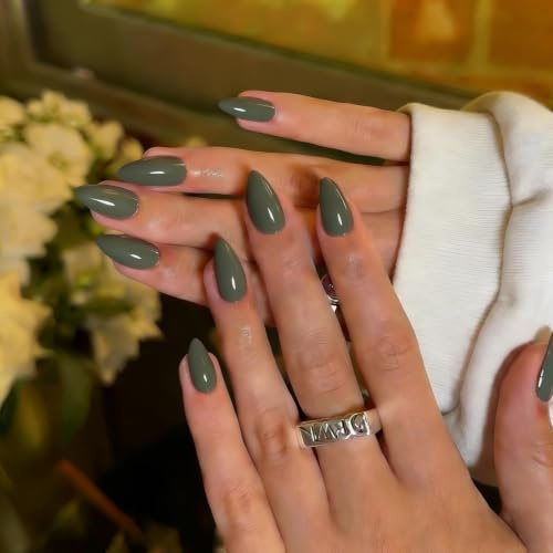 KQueenest 30 Pcs Olive Green Press on Nails Short Almond, Short False Nails Almond, Glossy Solid Moss Green Stiletto Fake Nails Set, Reusable Natural Gel Stick on Nail for Women Finger Daily Wear