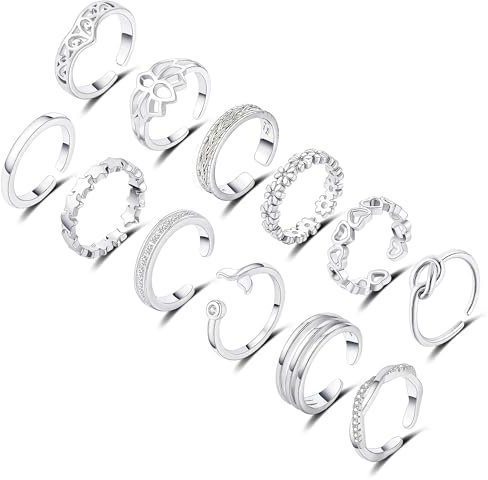 RLMOON 12 Stück Zehenring Silber 925 Damen Verstellbare Offene Zehenband Ringe Delfin Blume Herz Zirkonia CZ Zehenringe Set Sommer Maritim Strand Zehenringe for Frauen Mädchen Fußschmuck