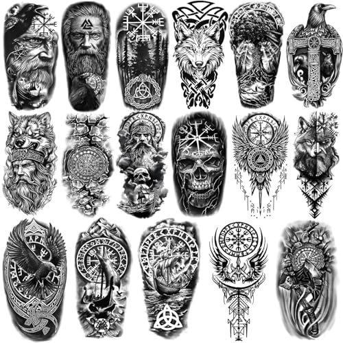 Lot de 77 feuilles de tatouages temporaires pour adultes et enfants - Faux tatouages imperméables - 17 grands et 60 petits autocollants noirs, Viking nordique