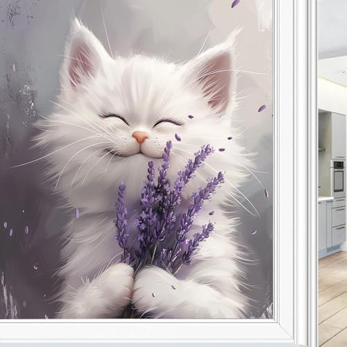 Fensterfolie mit niedlicher Katze, modern, Lavendel, Retro-Tier, Fensteraufkleber für Glas, dekorative Aufkleber, statisch haftend, Sonnenblockierung, 45 x 60 cm
