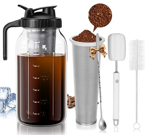 Cafultgo Cold Brew Coffee Maker Jar 64oz Cold Brew Coffee Maker with Filter - Thick Glass Pitcher, Leak-Proof Lid & BPA-Free Brush - Dishwasher Safe for Iced Coffee, Tea & Low-Acid Brew (Black)