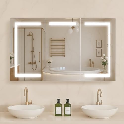 VEVOR Armoire Murale Salle de Bain 100x60 cm, Armoire de Toilette avec Miroir en Verre Trempé et LED 3 Couleurs à Intensité Variable, avec Fonction Mémoire, 2 Étagères Réglables, Prises et Ports USB